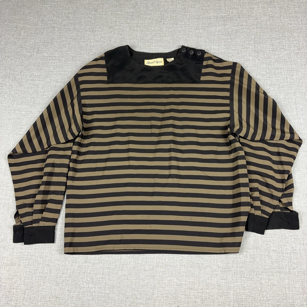 Vintage Albert Nipon Blouse Womens 6 Brown Striped Round Neck Long Sleeve Silk